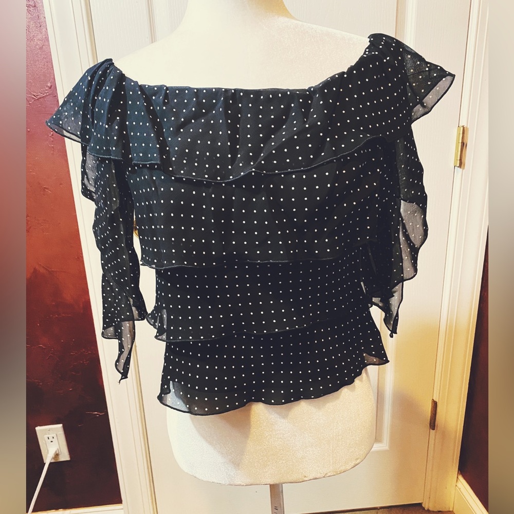 Citrine Micro Dot Ruffle Boatneck Blouse Buttons in Back